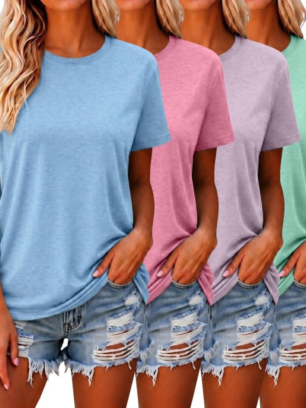 Women's 4-Pack Basic Short Sleeve T-Shirts Casual Crewneck Summer 2026 Fashion